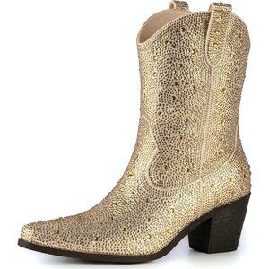Gold Women Rhinestone Cowboy Boots Pointed Toe Mid Calf Sparkly Block Heel